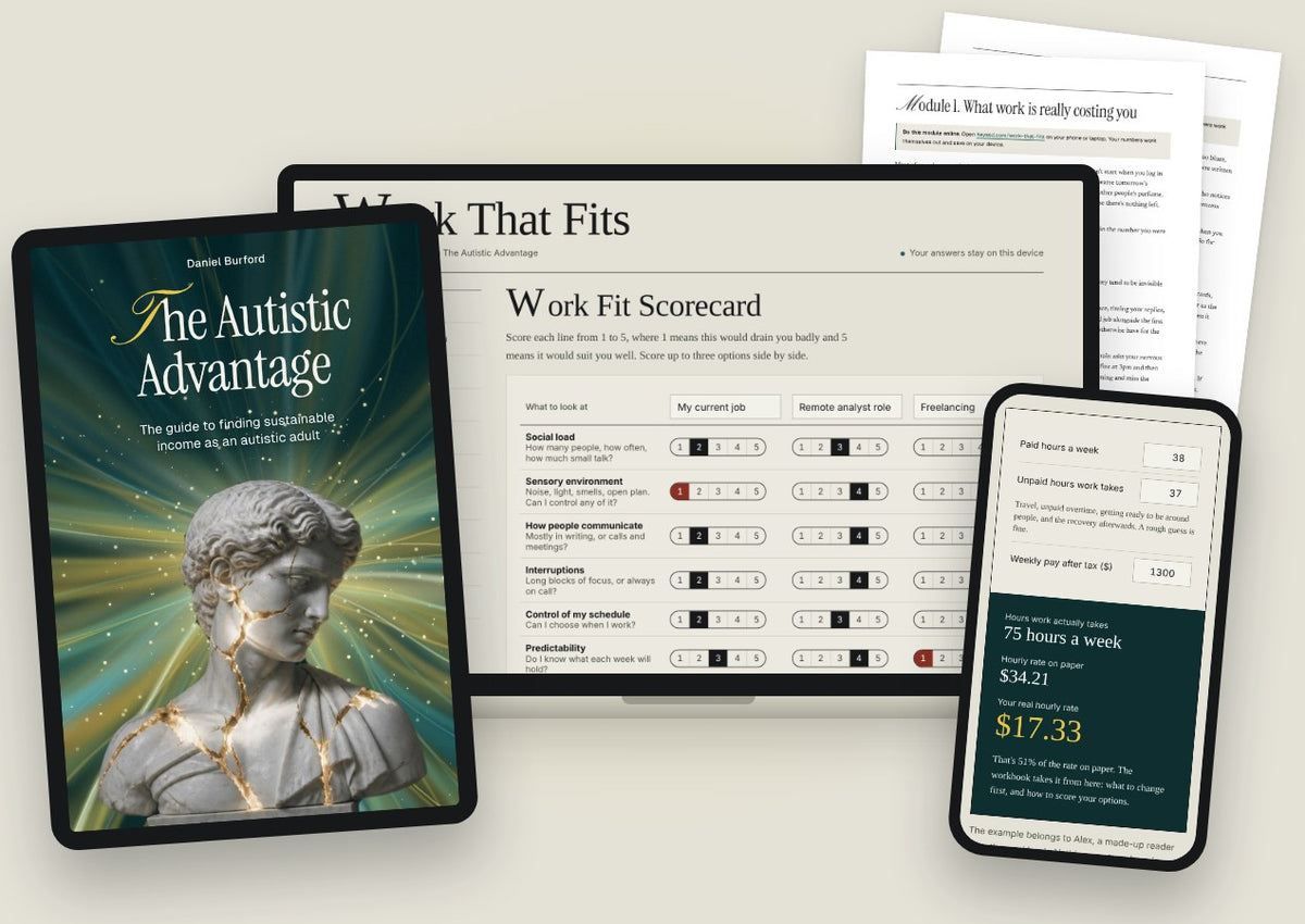 The Autistic Advantage on a tablet, the online workbook on a laptop and phone, and printed workbook pages