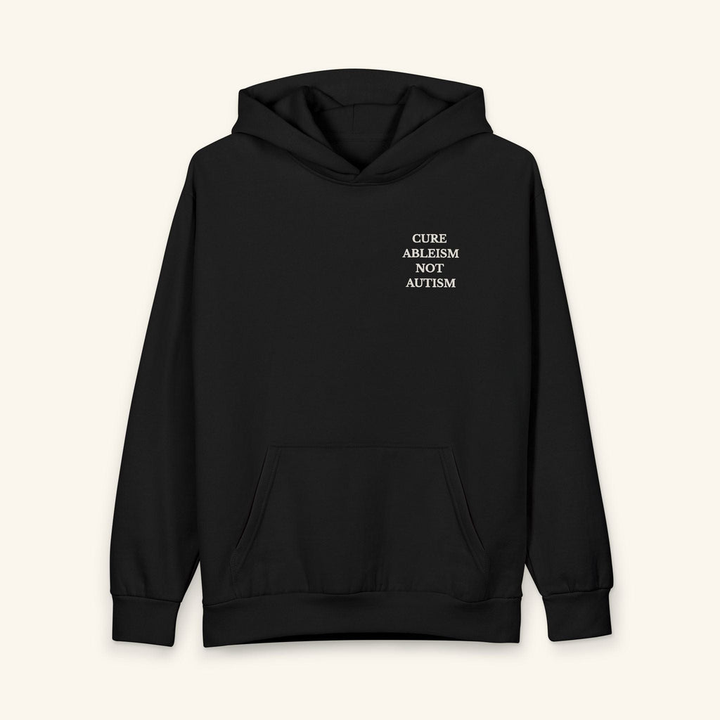 Cure Ableism, Not Autism Hoodie — Sensory-Friendly Pullover with Rising Sun Design XS / Obsidian Black