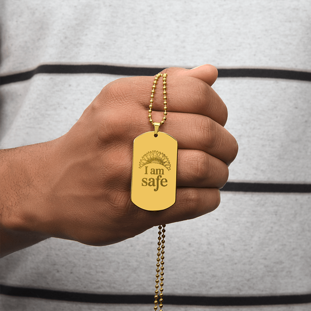 “I Am Safe” Sunflower Dog Tag Necklace