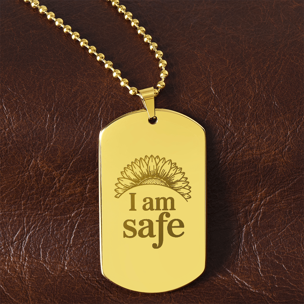 “I Am Safe” Sunflower Dog Tag Necklace 18k Yellow Gold Finish / No