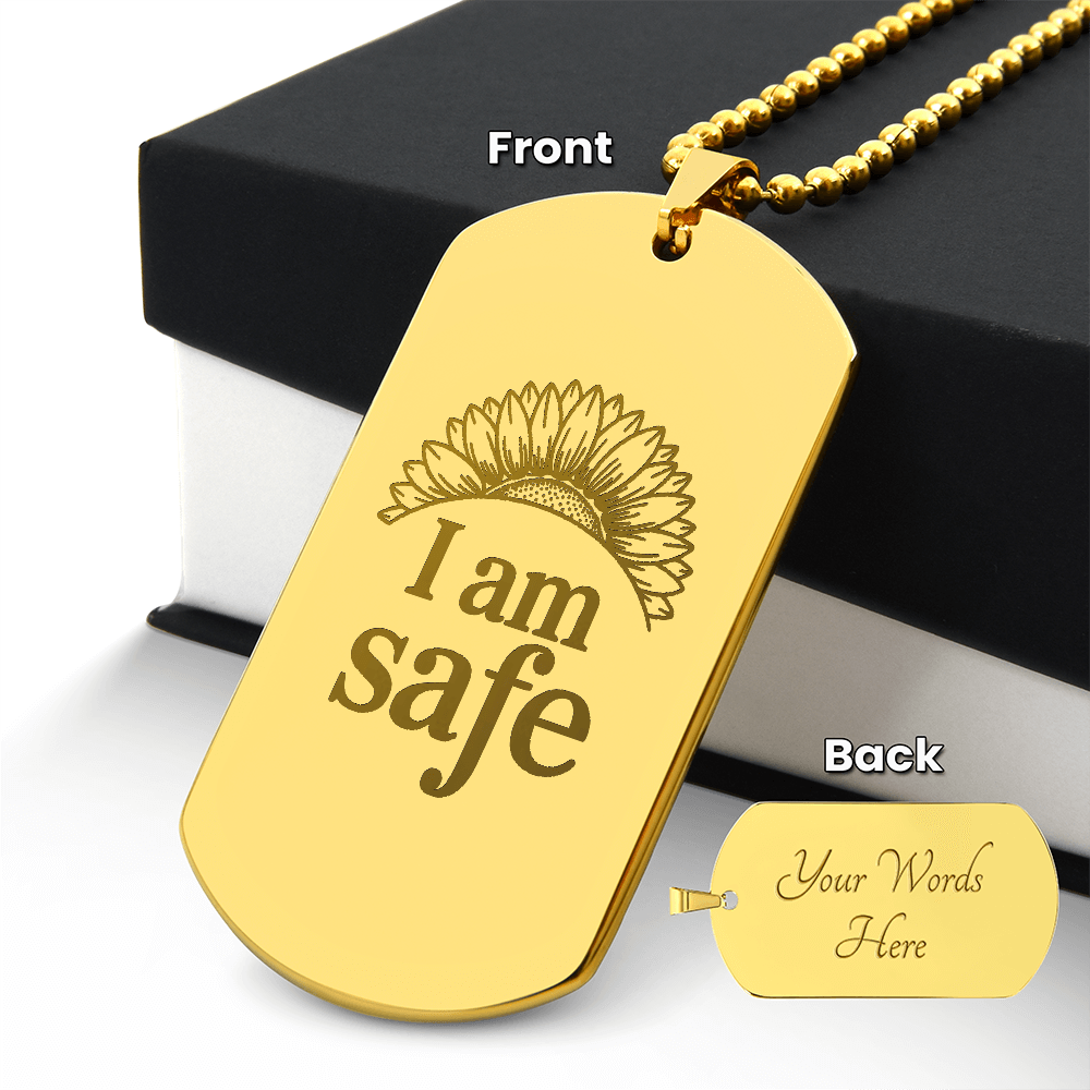 “I Am Safe” Sunflower Dog Tag Necklace 18k Yellow Gold Finish / Yes
