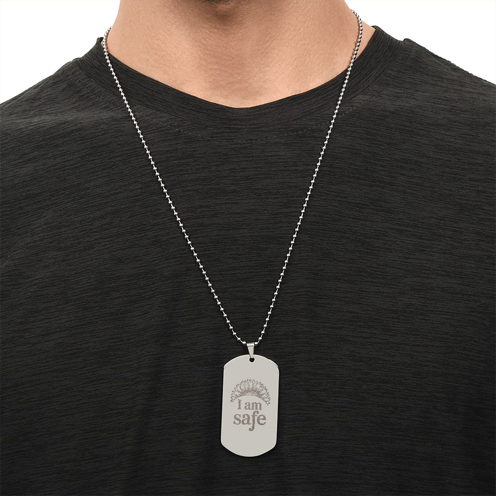 “I Am Safe” Sunflower Dog Tag Necklace - heyasd.com
